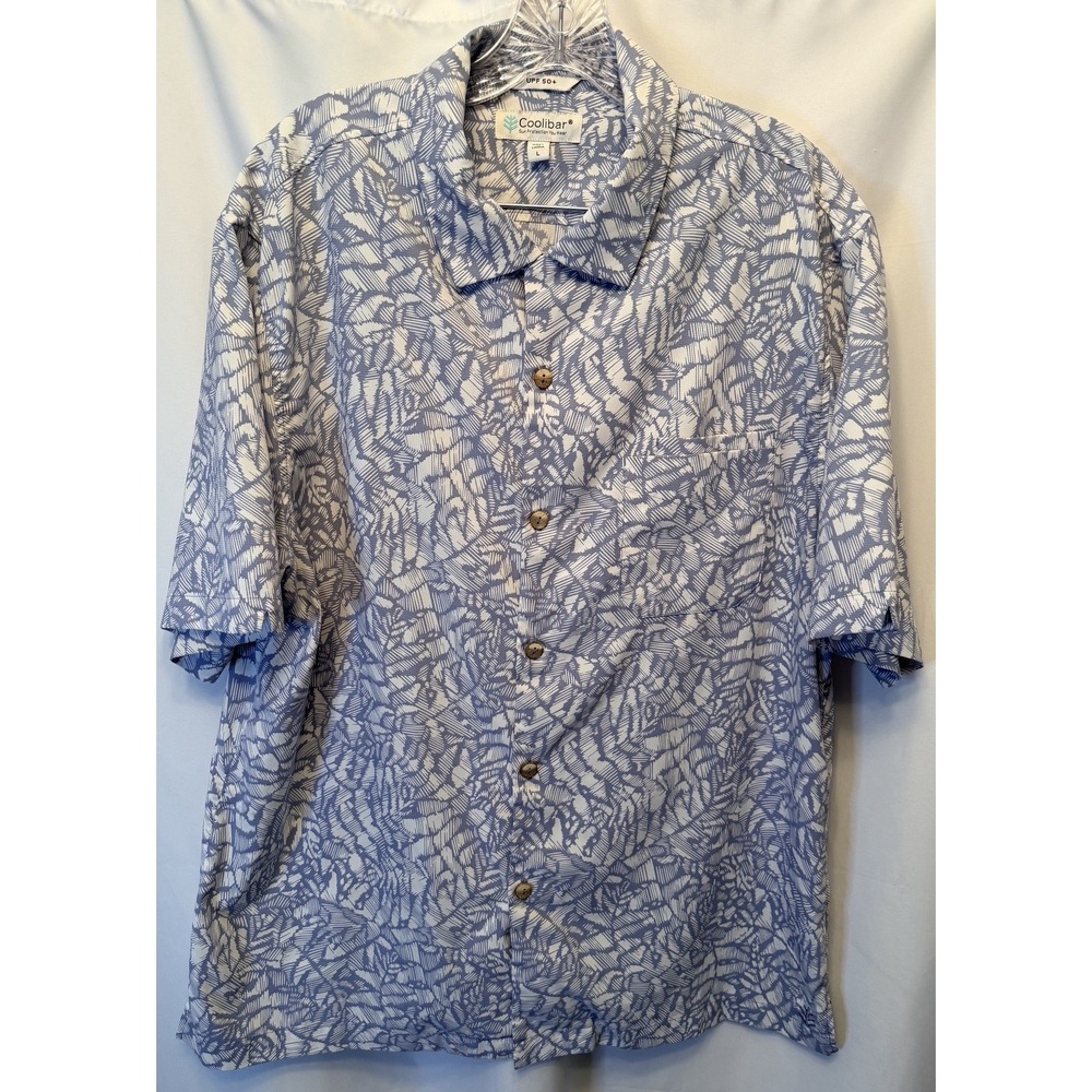 Coolibar Safari Camp Shirt Men's Large White Blue Floral Button Up UPF 50+ 10135